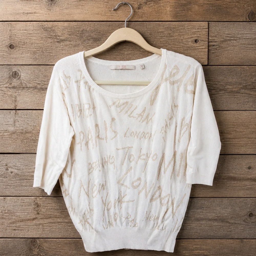 GUESS LA‎ M White Gold Metallic City Script Sweater Medium Travel Glam Metallic